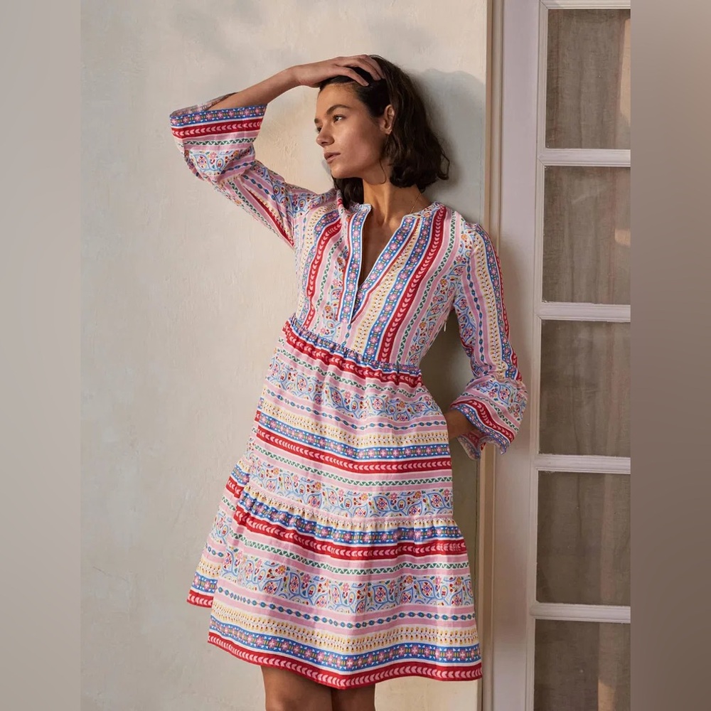 Boden Linen Colorful Pattern Boho Dress Size 8 Long